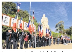 Les porte-drapeaux devant les portraits des fusillés et le monument aux morts restauré cette année.